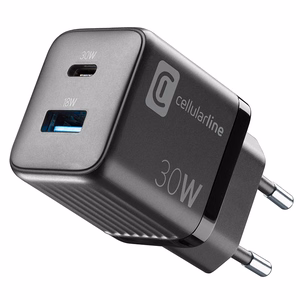 Cellularline Multipower Micro GaN USB-C un USB-A Power Delivery tīkla lādētājs, 30 W, melns