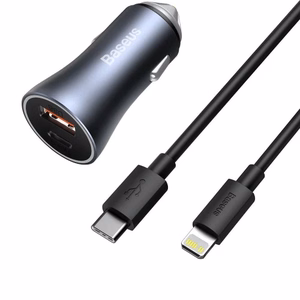 Car Charger Baseus "Golden Contactor" Grey 40W (1xPD / 1xQC3.0) + "Type-C / Lightning" 100cm cable