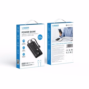 VEGER portatīvais lādētājs 10000 mAh ar iebūvētiem kabeļiem Type C / Lightning PD QC3.0 2A 22,5W C11 (W1170) melna