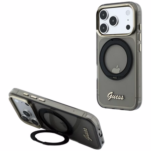 Guess IML Ring Stand 360 Script Metal Logo MagSafe maciņš modelim iPhone 17 Pro / 18 Pro – melns
