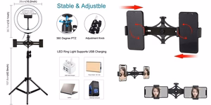 LED Ring Lamp 26cm Ar Desktop Tripod Mount Up to 1.1m un 3 Phone Clamps, USB