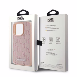 Karl Lagerfeld ādas monogrammas metāla logotips viedtālruņa apvalks iPhone 15 Pro Max - rozā