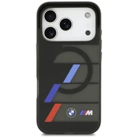 BMW M IML metāla pogas trīskrāsu līnijas magnētiskais viedtālruņa apvalks iPhone 17 Pro Max - melns