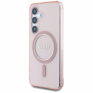 Guess mirdzošs apļa klasiskā logotipa magnētiskais viedtālruņa apvalks Samsung Galaxy S25 rozā