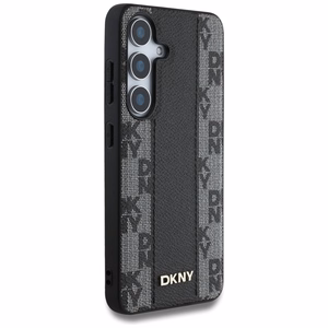 DKNY ādas rūtainā raksta magnētiskais viedtālruņa apvalks Samsung Galaxy S25 - melns