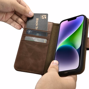 iCarer Eļļas Vaska Maki Apvalks 2in1 Vāks iPhone 14 Plus Anti-RFID Ādas Atverams Apvalks Brūns (WMI14220723-BN)