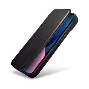 iCarer CE Oil Wax Premium ādas folio viedtālruņa apvalks iPhone 14 Plus Magnētiskais atveramais apvalks ar MagSafe Melns (AKI14220707-BK)