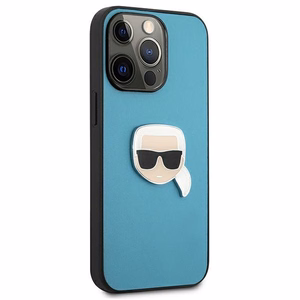 Karl Lagerfeld KLHCP13XPKMB iPhone 13 Pro Max 6,7" zils cietais maciņš Leather Ikonik Karl`s Head Metal