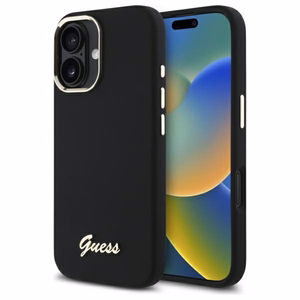 Guess silikona vāciņš ar metāla logotipu un metāla rāmi iPhone 16 Plus - melns