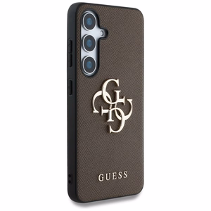 Guess Grained Big 4G Logo Small Classic Logo viedtālruņa apvalks Samsung Galaxy S25 brūns