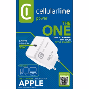 Cellularline The One USB-C Power Delivery tīkla lādētājs, 30 W, balts