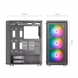 Mars Gaming MC-F ATX spēļu pus-torņa korpuss, pilns rūdīts stikls, metāla sieta priekšpuse, 4× 120 mm ARGB ventilatori, melns