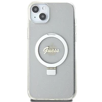 Guess GUHMP15MHRSGSD iPhone 15 Plus / 14 Plus 6.7" caurspīdīgs/caurspīdīgs cietais apvalks Gredzena Statīvs Script Glitter Magnētiskais