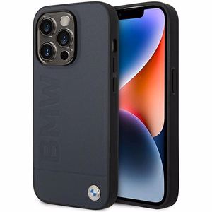 Viedtālruņa apvalks BMW BMHMP14XSLLNA iPhone 14 Pro Max 6.7 - tumši zilais ādas karsto štampētais MagSafe