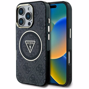 Guess IML Metal Glitter 4G Circle Triangle magnētiskais viedtālruņa apvalks iPhone 16 Pro - melns