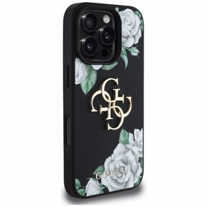 Guess Grained Roses Big 4G logo viedtālruņa apvalks iPhone 16 Pro Max - melns