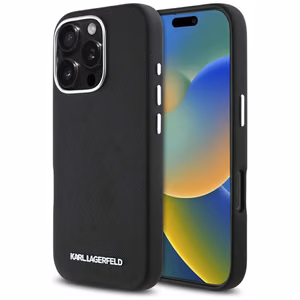 Karl Lagerfeld Saffiano pilnībā pārklāts iegarena metāla logotipa magnētiskais viedtālruņa apvalks iPhone 16 Pro Max - melns