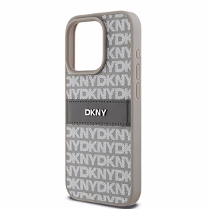 DKNY Ādas mono svītra un metāla logotips viedtālruņa apvalks iPhone 15 Pro - bēšs