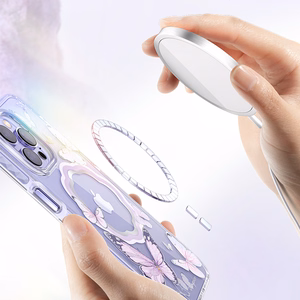 Kingxbar Butterfly Series magnētiskais viedtālruņa apvalks iPhone 14 Plus MagSafe ar rozā tauriņu motīvu