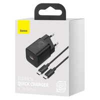 Baseus Super Si ātrās uzlādes lādētājs Quick Charge 3.0 Power Delivery 25W 3A + kabelis USB Type C - USB Type C 3A 1m melns