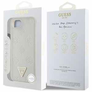 Guess Grained Hot Stamp Peony Triangle Logo magnētiskais viedtālruņa apvalks iPhone 16e - bēšs