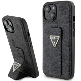 Guess viedtālruņa apvalks ar statīvu Grip Stand 4G Triangle Strass iPhone 15 - melns
