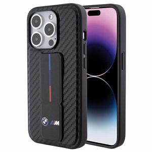 BMW ar statīvu gluds un oglekļa viedtālruņa apvalks iPhone 15 Pro - melns