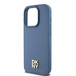 DKNY Ādas monogrammas raksta metāla logotips Magnētiskais viedtālruņa apvalks iPhone 15 Pro - zila