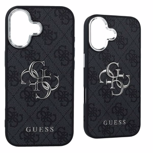 GUESS viedtālruņa apvalks IPHONE 17 GUHCP17SP4G4SMCK (4G PU ādas apvalks ar lielu 4G un klasisko logotipu un sudraba metāla kameras rāmi) melns