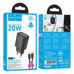 Lādētājs viedtālrunim Hoco USB A + USB C QC3.0 PD 3A 20W + kabelis USB C uz Lightning N61 melns