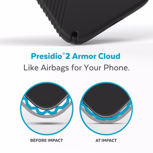 Speck Presidio2 Grip vāciņš ierīcei iPhone 15 Plus / 14 Plus, ar neslīdošu satvērienu, “Black / Black / White” krāsu kombinācija