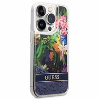 Guess GUHCP14LLFLSB iPhone 14 Pro 6.1 zils / zils kietais viedtālruņa apvalks Flower Liquid Glitter