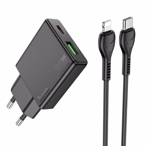 Зарядное устройство для телефона Hoco Slim USB A + USB C QC3.0 PD 3A 20W + кабель USB C to Lightning N38 чёрное