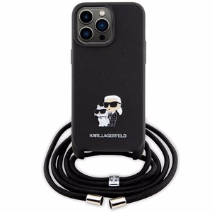 Karl Lagerfeld krustveida Saffiano metāla piespraude Karl & Choupette viedtālruņa apvalks iPhone 15 Pro Max - melns