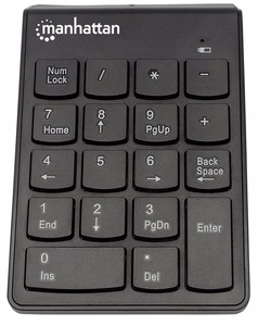 Manhattan bezvadu ciparų tastatūra (2.4GHz), USB-A mikro uztvērējs, 18 pilna izmēra taustiņi, melna, membrānas taustiņi, automātiskā jaudas pārvaldība, darbības rādiuss 10m, AAA baterija (iekļauta), Windows un Mac, triju gadu garantija