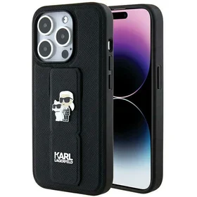 Karl Lagerfeld Gripstand Saffiano Karl&Choupette Pins viedtālruņa apvalks iPhone 13 Pro / 13 - melns
