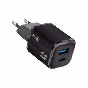 Blue Star Nano GaN VT-334 tālruņa lādētājs, USB-C + USB-A, QC4.0, PD, 3 A, 45 W, melns