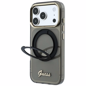 Guess IML Ring Stand 360 Script Metal Logo MagSafe maciņš modelim iPhone 17 Pro / 18 Pro – melns
