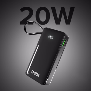 Внешний аккумулятор SBS 10000 mAh 20W со встроенным кабелем USB-C и цифровым дисплеем - чёрный