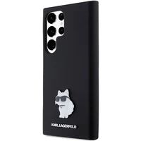 Karl Lagerfeld silikona Choupette metāla piespraude viedtālruņa apvalks Samsung Galaxy S24 Ultra - melns
