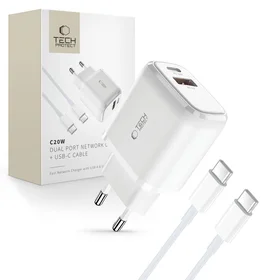 Tech-Protect C20W USB-C PD 20W / USB-A QC 3.0 lādētājs ar USB-C / USB-C kabeli - balts