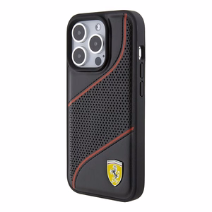 Ferrari Perforated Waves Metal Logo viedtālruņa apvalks iPhone 15 Pro - melns