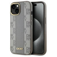 DKNY Ādas rūtainais mono raksts Magnētiskais viedtālruņa apvalks iPhone 15 Plus - bēša