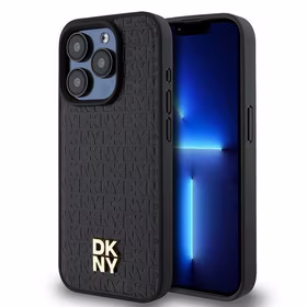 DKNY Ādas monogrammas raksta metāla logotips Magnētiskais viedtālruņa apvalks iPhone 15 Pro - melna