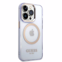 Guess GUHMP14LHTCMU iPhone 14 Pro 6.1" violets/violets cietais apvalks Gold Outline Translucent MagSafe