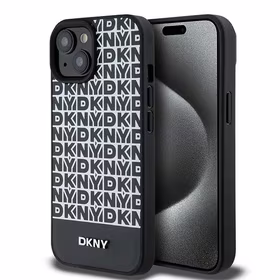 DKNY Ādas drukāts raksts metāla logotips Magnētiskais viedtālruņa apvalks iPhone 15 / 14 / 13 - melna
