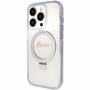 Guess viedtālruņa apvalks ar statīvu Ring Stand Script Glitter magnētiskais iPhone 15 Pro - caurspīdīgs