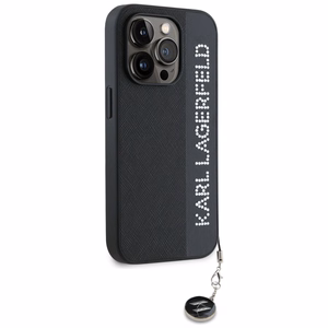 Karl Lagerfeld Saffiano Rhinestones & Charm viedtālruņa apvalks iPhone 15 Pro - melns
