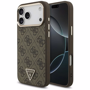 Guess PU Leather 4G Strass Triangle Logo Gold Frame MagSafe vāciņš Apple iPhone 18 Pro Max, brūns