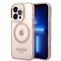 Guess GUHMP14LHTCMP iPhone 14 Pro 6.1" rozā/rozā cietais apvalks Zelta kontūra Caurspīdīgs Magnētiskais